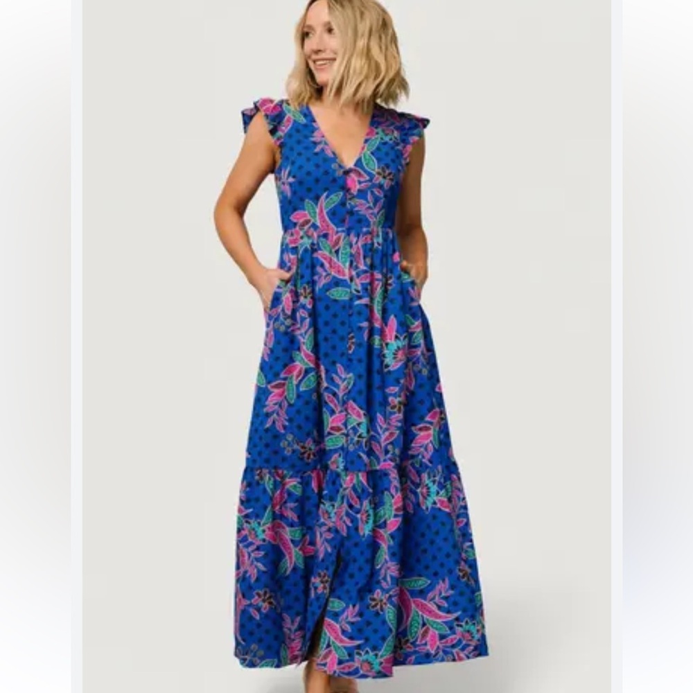 V-Neck Blue Floral Maxi Dress with Ruffle Sleeves
